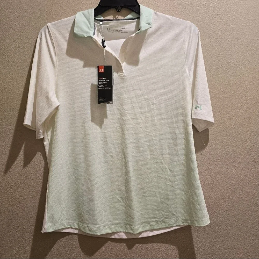 Womens Under Armour Polo White Mint Fade Heatgear Golf Sz Large NWT - Picture 1 of 2